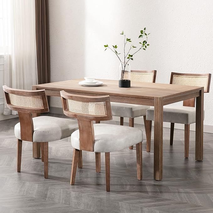 Rattan Dining Chairs Set of 2, Mid-Century Modern Dining Chair, Kitchen Dining Room Chairs, Curved Cane Back Upholstered PU Leather Dining Chairs with Wood Frame, Grey