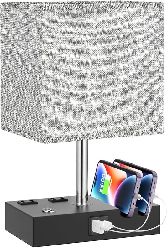 Kakanuo Nightstand Lamp for Bedroom with Dual USB Ports, Grey Touch Control Bedside Table Lamp with Charging Outlets and Phone Stands, 3-Way Dimmable Desk Lamp for Living Room, LED Bulb Included