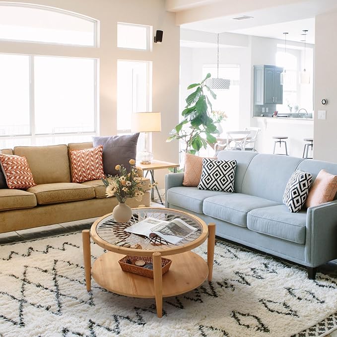 RUSTOWN Rattan Coffee Tables,2-Tier Round Boho Cocktail Tables, Mid Century Modern Coffee Table with Rattan & Tempered Glass Top and Wood Legs, Sofa Table for Living Room(Natural)