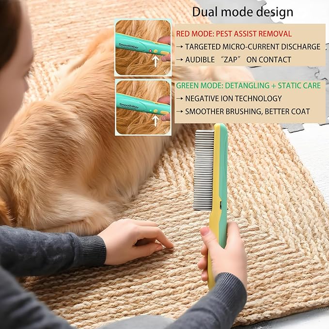 Professional 3-Row Tick & Flea Comb for Pets - Stainless Steel Teeth with Negative Ion Technology | Electric Grooming Tool for Tick Removal on Dogs, Cats & Long-Haired Animals
