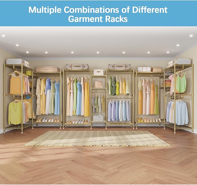 VIPEK Classic V6 Wire Garment Rack Heavy Duty Clothes Rack with 7 Adjustable Shelves & 4 Hanging Rods, Compact DIY Metal Clothing Racks 68.9" L x 15.7" W x 76.4" H, Max Load 840LBS, Gold