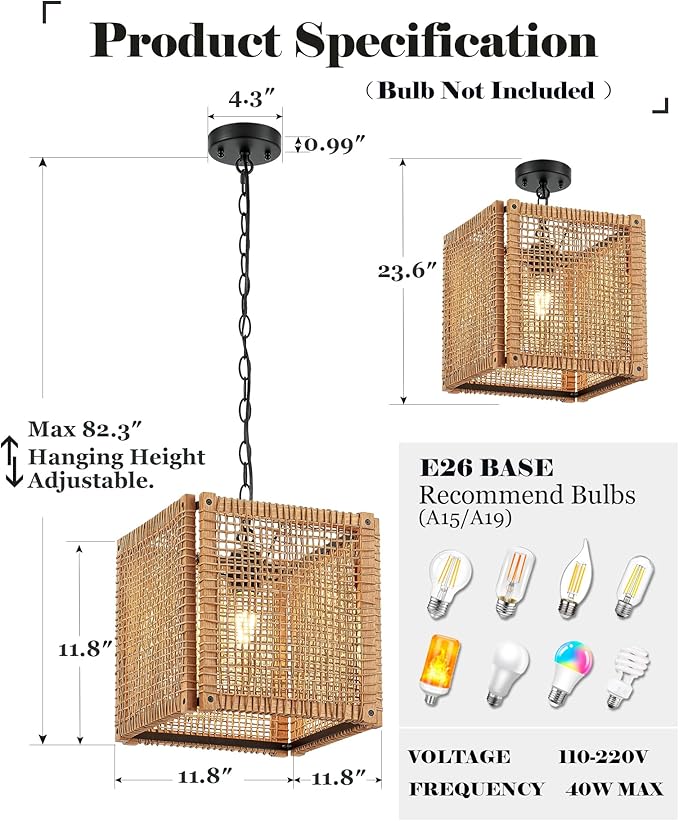 ELYONA 1-Light Rattan Pendant Light, 12" Square Solid Wood Frame Woven Pendant Light Fixtures Boho Adjustable Hanging Chandelier for Dining Room, Kitchen Island, Living Room, Bedroom, Bar, Hallway