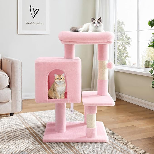 Allewie 29 Inches Cat Tree Tower/Plush Perches Platform/Condo/House/Sisal Scratching Posts/Multi-Level Activity Center Furniture for Kittens/Pink