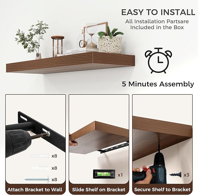 Floating Shelves for Wall, 40" W x 12" D x 2" H, 1 Pack of Long Wall Mounted Engineered Wood Shelves with Invisible Brackets for Living Room, Bedroom, Bathroom, Kitchen Decor, Walnut