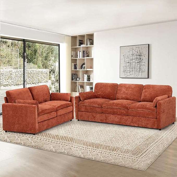 2 Pieces Chenille Sofa Set w/Arm Pillows, Upholstered Loveseat & 3 Seater Sofa w/Comfortable Back Cushions, Modern 2-Seat & 3-Seat w/High-Density Foam for Living Room, Apartment, Orange