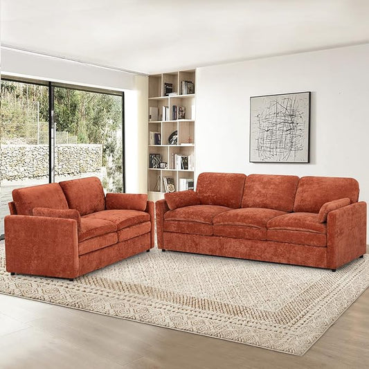 2 Pieces Chenille Sofa Set w/Arm Pillows, Upholstered Loveseat & 3 Seater Sofa w/Comfortable Back Cushions, Modern 2-Seat & 3-Seat w/High-Density Foam for Living Room, Apartment, Orange