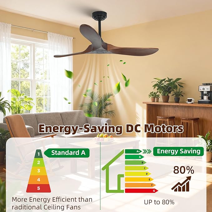 Smart Ceiling Fan no Light, 52 Inch Outdoor Ceiling Fan Without Light, Compatible with Alexa/Google/App, 3 Solid Wood Blades, Modern Wood Fan for Patio, Bedroom, Living Room,Dark Walnut