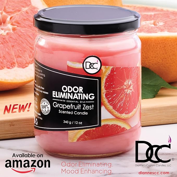 Grapefruit Zest Odor Eliminating Highly Fragranced Candle - Eliminates 95% of Pet, Smoke, Food, and Other Smells Quickly - Up to 80 Hour Burn time - 12 Ounce Premium Soy Blend