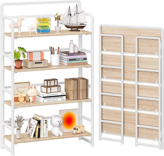 4NM No Assembly Extra Wide 4 Tiers Folding Bookshelf Storage Shelves Vintage Bookcase Standing Racks Study Organizer Home Office (Natural White)