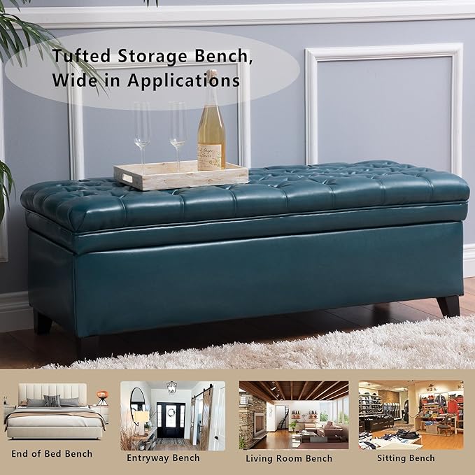 Setawix PU Leather Storage Benches for Bedroom,50" Bed End Bench with Storage,Tufted Teal Storage Ottoman Bench for Living Room,Rectangle Entryway Benches with Storage and Seating (Teal, PU Leather)