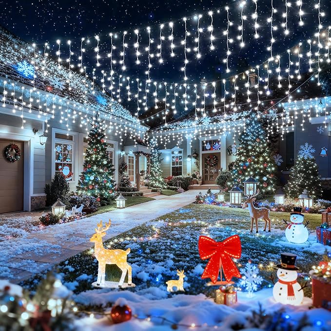 Hezbjiti 2Pack Total 800LED Ice Lights 33FT Christmas Lights String Lights Outdoor Decoration 8 Modes 150 Drops Fairy Lights for Eaves Party Yard Garden Xmas Decor（Cold White）