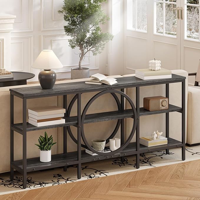 Long Console Table, 66.9 inch Wood Narrow Sofa Tables 3 Tier Couch Table Behind Sofa Industrial Grey Hallway Table Long Entryway Tables for Living Room, Foyer (Grey Oak+Black)