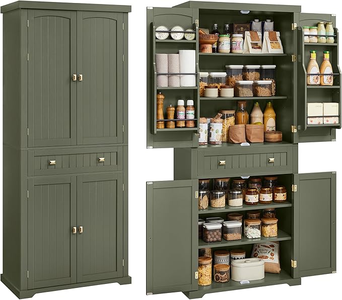 VASAGLE Pantry Cabinet, 15.7 x 30 x 71.7 Inches, Freestanding Tall Cupboard Storage Cabinet with a Drawer, 2 Cabinets, 6 Adjustable Shelves, for Living Room, Kitchen, Forest Green UBBK561C01