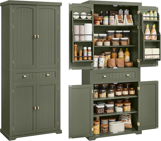 VASAGLE Pantry Cabinet, 15.7 x 30 x 71.7 Inches, Freestanding Tall Cupboard Storage Cabinet with a Drawer, 2 Cabinets, 6 Adjustable Shelves, for Living Room, Kitchen, Forest Green UBBK561C01