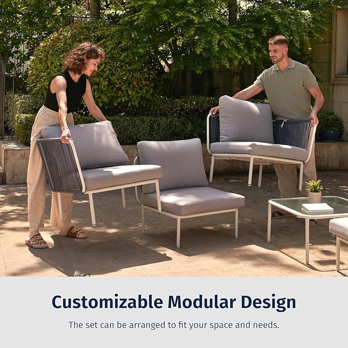 East Oak 5-Piece Outdoor Sectional Sofa, Modular Outdoor Furniture with Waterproof Thick Cushions, Modern Patio Sofa Deep Seating for Outdoor Garden Porch Blackyard, Misty Grey