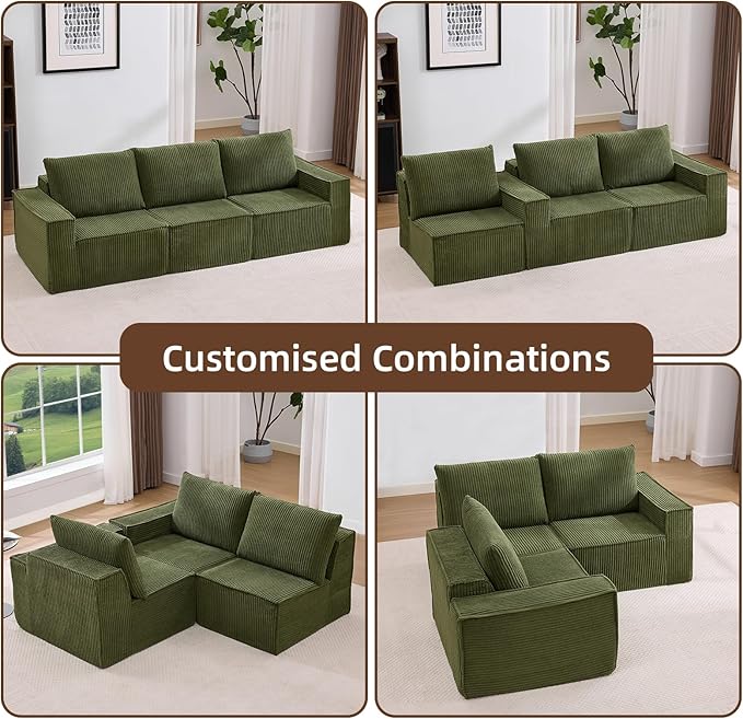 102” Boneless Modular Couch, 3 Seater Cloud Sofa for Living Room, Modern Sectional Sofa with Deep Seat, Comfy Fluffy Loveseat Couch, No Assembly Required, Green