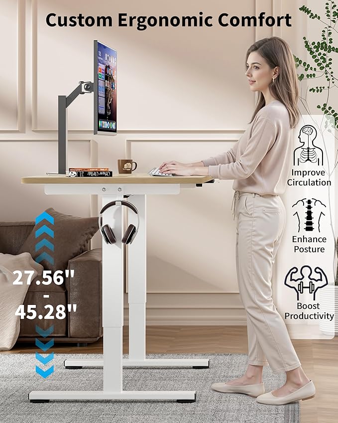 Okin Electric Standing Desk, 40 x 24 Inches Whole Piece Height Adjustable Desk, Oak Sit to Stand Desks Computer Workstation with Wheels for Home Office