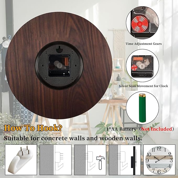 24 Inch Wall Clock Wood Round Silent Non-Ticking Clock,Large Rustic Farmhouse Blue Wall Clock with Battery Operated Vintage Decorative Clock for Living Room Kitchen Decor