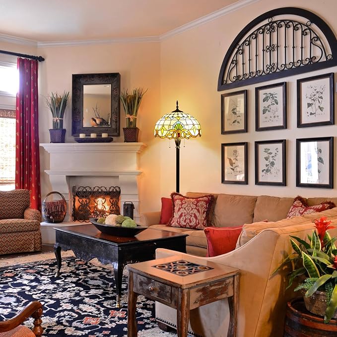 Tiffany Floor Lamp 3 Lights Baroque Stained Glass Standing Reading Light Antique Pole Corner Lamp for Living Room Bedroom Home Office,15.74 inch