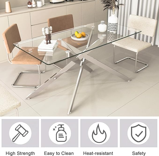 Goujxcy Glass Dining Table Set for 6, Modern Kitchen Table and Chairs Set of 6, 7-Piece Kitchen Dining Room Table Set w/61 Glass Silver Dining Table and 6 Blue Velvet Upholstered Chairs