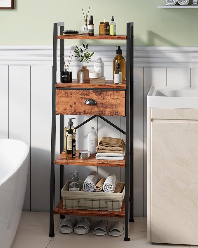 Furologee 4 Tier Ladder Shelf, Narrow Ladder Bookshelf with Drawer, Modern Freestanding Bookcase, Storage Shelves Organizer for Bathroom,Kitchen,Bedroom,Living Room,Rustic Brown