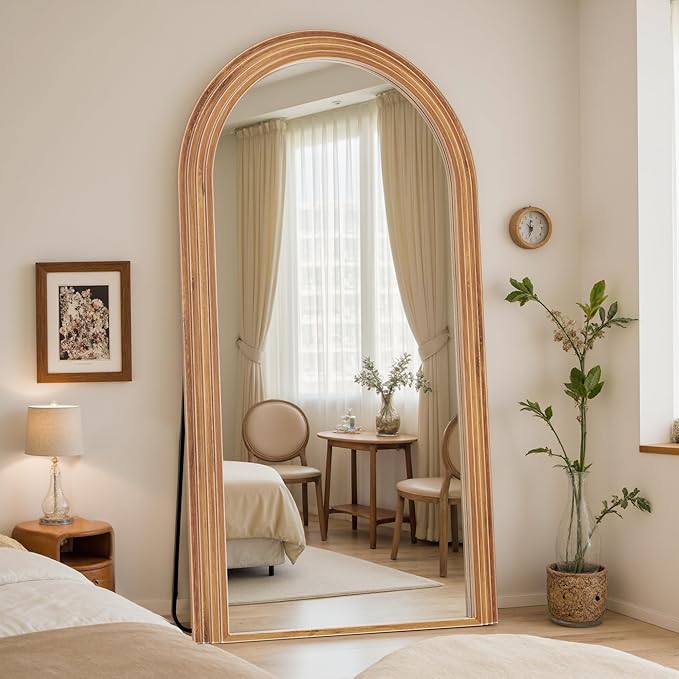 Antok Full Length Mirror 76"×41" Floor Mirror Standing Tall Mirror, Arched Stand up Large Wall Mirrors, Freestanding Full Body Mirrors for Bedroom Living Room Wood Vintage Style Brown