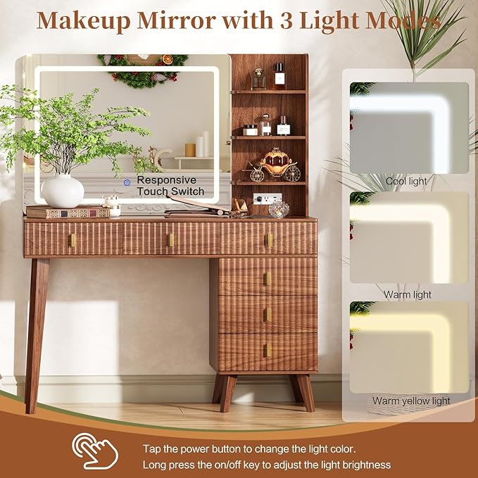 Large Makeup Vanity Desk with Mirror and Lights, Vanity Desk with 6 Drawers & Storage Shelves, Vanity Table with Power Outlet, 3 Color Modes & Adjustable Brightness Dressing Table, Bedroom,Walnut1