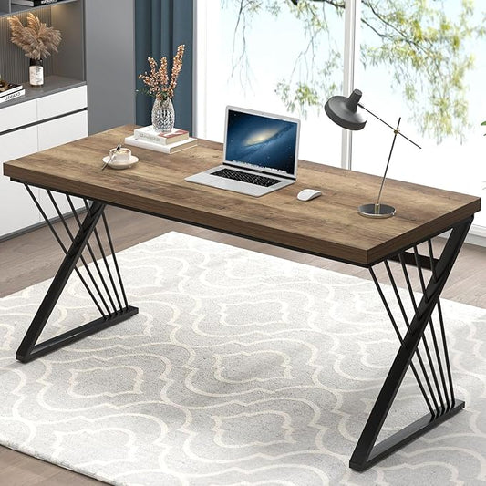 FOLUBAN Modern Home Office Desk, Wood and Metal Computer Desk, Industrial Study Writing Work Table for Bedroom Living Room, Oak, 60 Inch