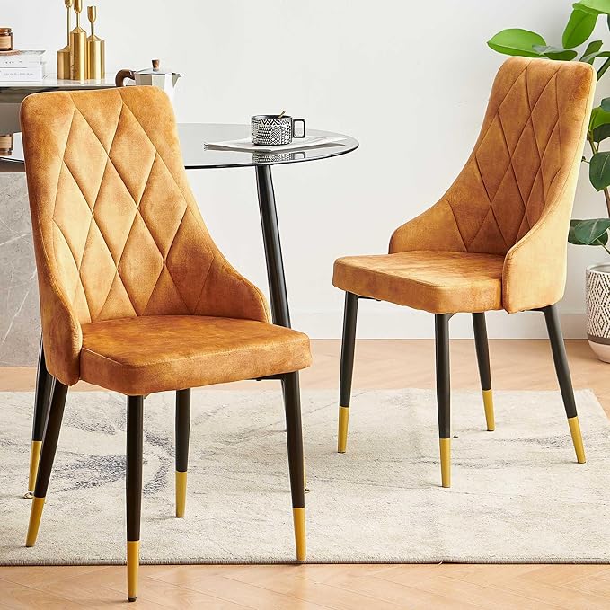 NORDICANA Upholstered Velvet Dining Chair Set of 2, Mustard Armless Side Chair with Metal Legs for Home Kitchen