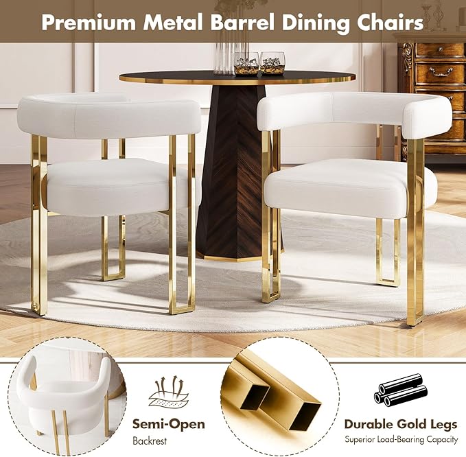 Beige and Gold Modern Dining Chairs Set of 6, Velvet Upholstered Barrel Armchairs with Metal Legs for Kitchen Island, Mid Century Accent Chairs for Dining Room Living Room, Open-Back