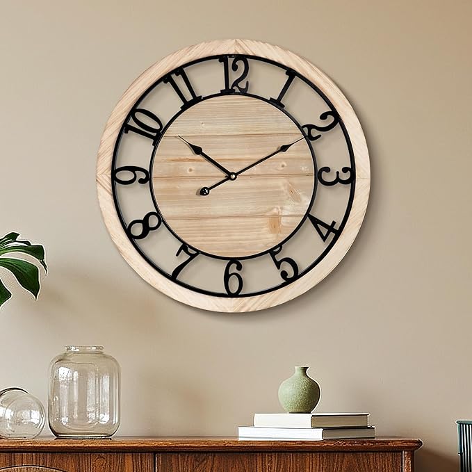 Maxstar 20'' Wall Clock for Living Room Decor, Ultra-Silent Rustic Wooden Farmhouse Wall Clock with Metal & Real Wood Frame, Battery Operated, for Kitchen Bedroom Office, Arabic Numerals