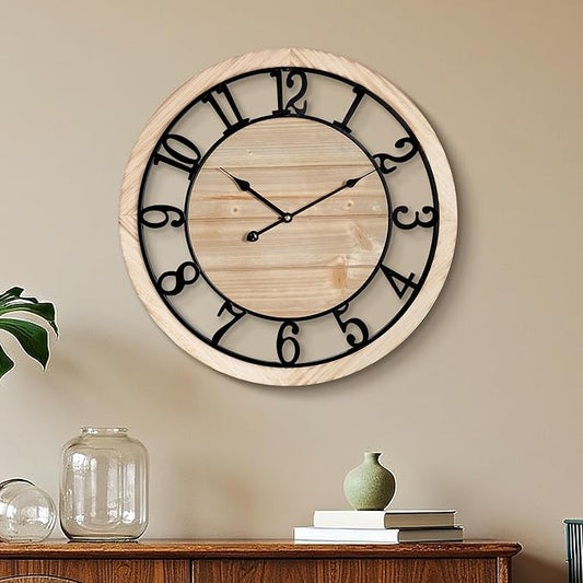 Maxstar 20'' Wall Clock for Living Room Decor, Ultra-Silent Rustic Wooden Farmhouse Wall Clock with Metal & Real Wood Frame, Battery Operated, for Kitchen Bedroom Office, Arabic Numerals