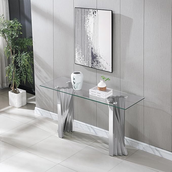 Goujxcy Modern Glass Console Table 55" Entryway Table with Tempered Glass Top and Mirror Finish Stainless Steel Legs, Luxury Rectangular Sofa Table for Living Room Hallway Corridor Table (Silver)