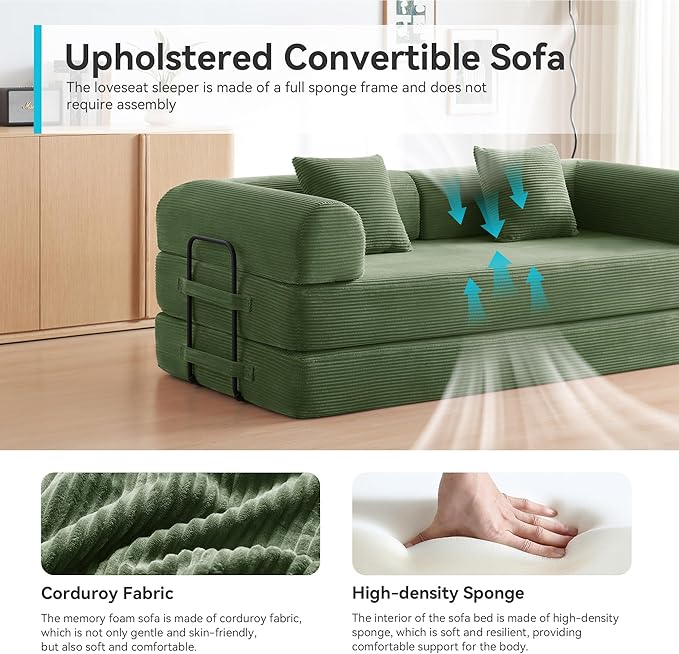 Convertible Floor Sofa Bed with Fixed-Shape Frame, King Size Floor Sleeper 5-in-1 DIY Combination Modular Sofa, Modular Chenille Folding Mattress Couch for Living Room Bedroom Playroom (Green)