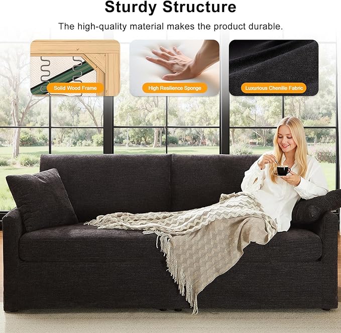 85" Chenille Sofa Couches for Living Room, 3 Seater Sofa with 2 Pillows, Modern Couches Tool-Free Setup, Comfy Oversized Loveseat with Medium Firm Cushions for Small Spaces, Apartment