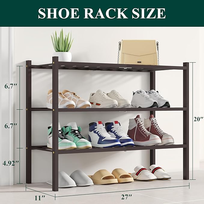 Smiry Shoe Rack, 3 Tier Bamboo Shoe Organizer, Stackable Free Standing Wooden Shoe Storage Shelf for Closet, Entryway, Front Door Entrance, Brown