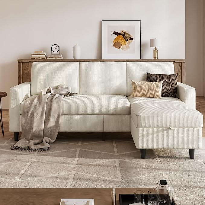 Sectional Couches for Living Room, L Shaped Couch with Storage Ottoman, Small Sofa Corduroy Couch with Side Pockets, Modern 3 Seater Convertible Sofa for Apartment, Office, Beige