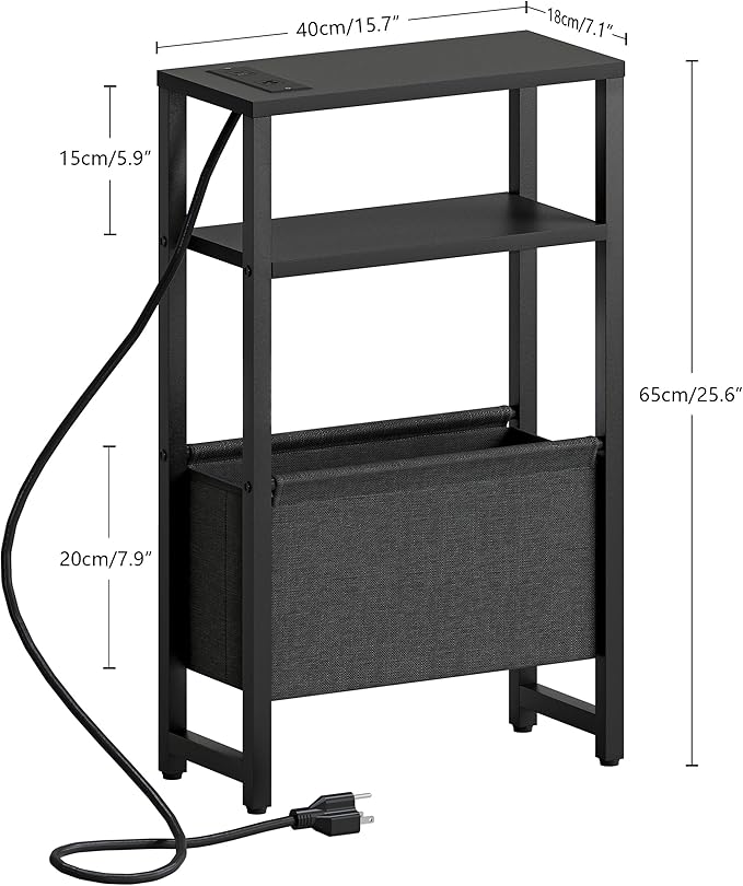 Narrow Side Table with Charging Station, Slim End Table with Magazine Rack, Bedside Table for Small Spaces, 3 Tier Sofa Couch Table Nightstand for Living Room, Bedroom, Black LET503BE