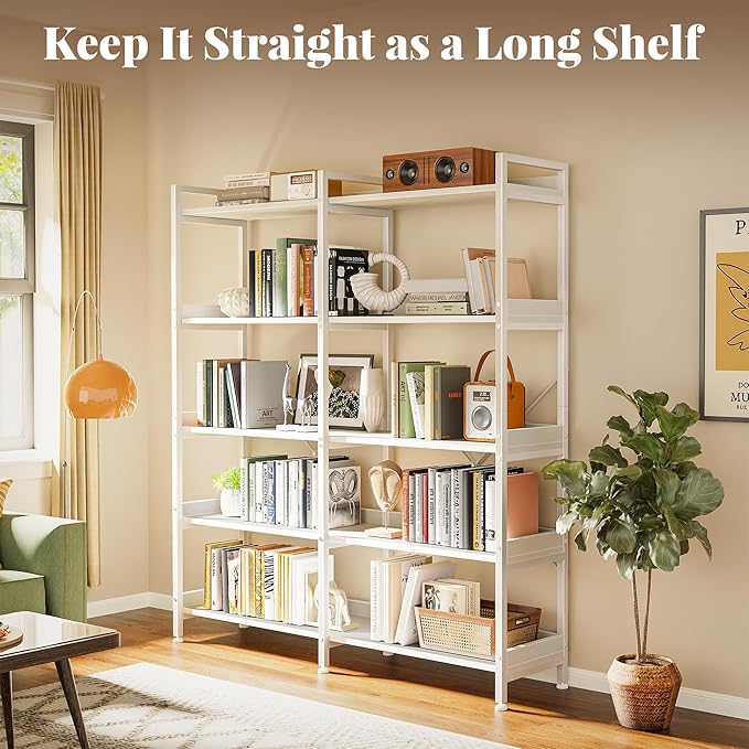 Huuger 5 Tier Bookshelf, Display Bookshelf with 10 Open Shelves and Raised Baffle, 47.2 Inch Straight Wide Bookcase with Metal Frame and Wooden Board, Adjustable Feet, White