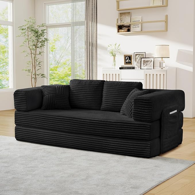 Antetek Convertible Sofa Bed, Comfy Corduroy Fluffy Love seat Sleeper Sofa, 5 in 1 Folding Couch Bed, Fold Out Floor Couch with Pillows for Bedroom, Living Room, Office, Wide Stripes, Black