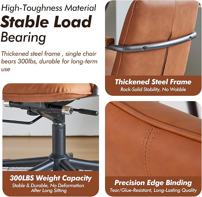 Home Office Desk Chair, Ergonomic Minimalist Faux Leather Swivel Chair with Oak Wood Armrests, Comfortable Task Chair for Computer or Study Room, 2 Pack, Rust Brown