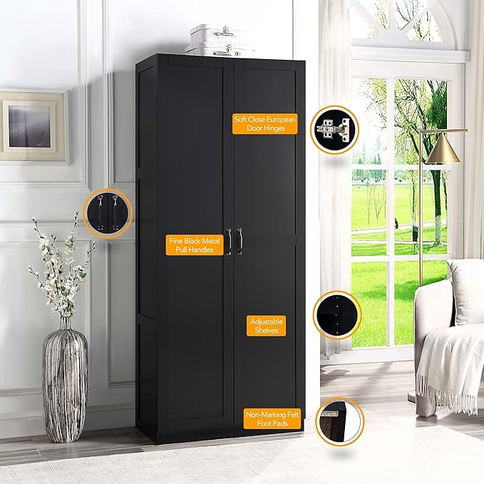 Manhattan Comfort Hopkins Modern Freestanding Storage Cabinet with 4 Adjustable Shelves & Soft Close Doors, Tall Multipurpose Organizer for Kitchen, Pantry, Garage, Mudroom, Set of 1, Black