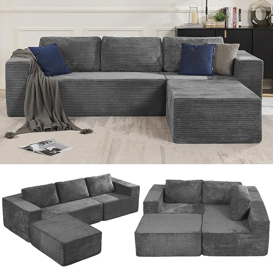 106" Modular Sectional Sofa with L-Shape Chaise, Right/Left Facing Deep Seat Cloud Couch, No Assembly Required, Upholstered Couch for Living Room Bedroom (Plush Corduroy Fabric, Grey)