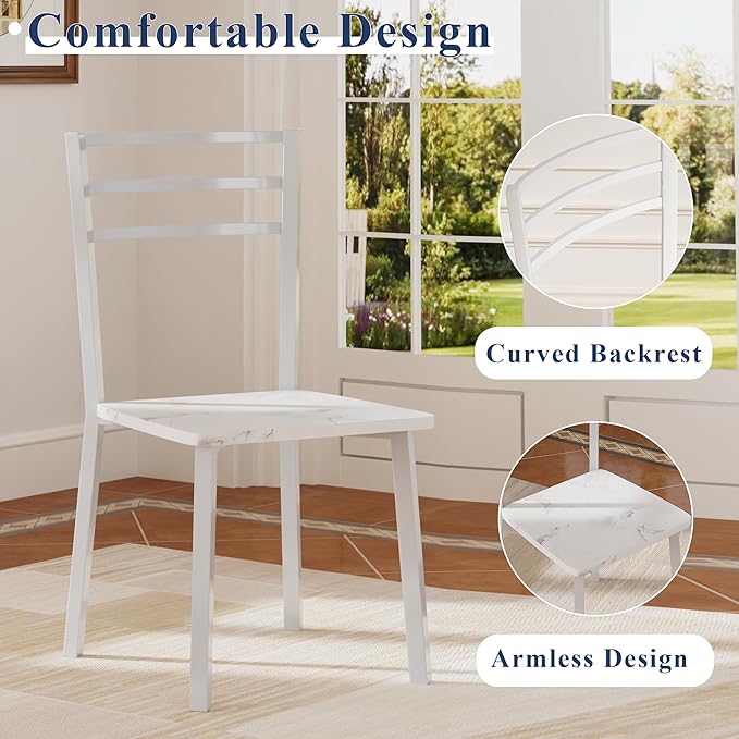 VECELO Small Round Dining Table Set for 2, Wood Tabletop with Strong Metal Frame, Modern Dinette with Chairs for Kitchen, Breakfast Nook Living Room, Faux Marbled & White