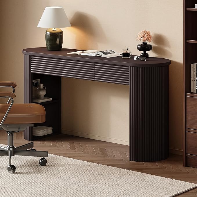 Merax Modern Retro Entryway Table, Rounded Console Table with3 Drawers and Open Hidden Storage for Living Room, Hallway and Office, Espresso