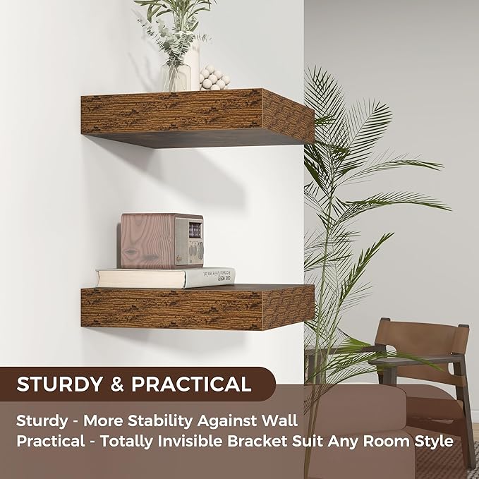 Square Floating Shelves for Wall, 12" W x 12" D x 2" H, 2 Pack of Small Wall Mounted Engineered Wood Shelves with Invisible Brackets for Living Room, Bedroom, Bathroom, Kitchen Decor, Brown