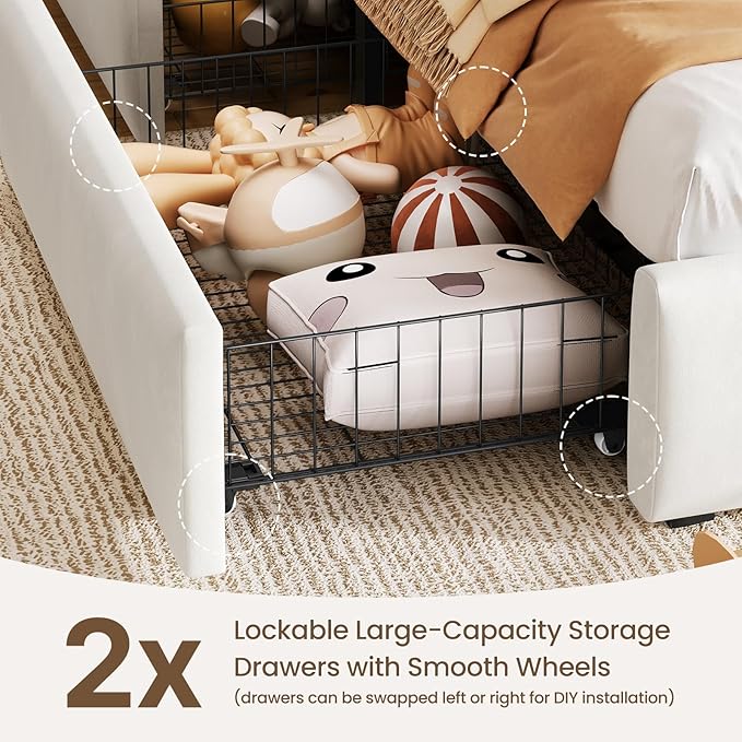 Twin Bed Frame with Storage Drawers and Headborad, Upholstered LED Twin Size Platform Bed Frame for Kids – Sturdy Metal Bed Frame Twin with Wood Slats Support, No Box Spring Needed,White