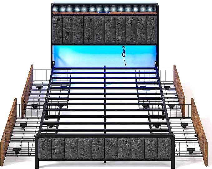 VECELO Full Size Upholstered Metal Bed Frame with Storage Drawers, LED Headboard, USB & Type-C Ports, Linen Fabric Platform Bed with 9 Legs Support, Noise-Free Design, No Box Spring Needed, Grey