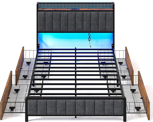 VECELO Full Size Upholstered Metal Bed Frame with Storage Drawers, LED Headboard, USB & Type-C Ports, Linen Fabric Platform Bed with 9 Legs Support, Noise-Free Design, No Box Spring Needed, Grey