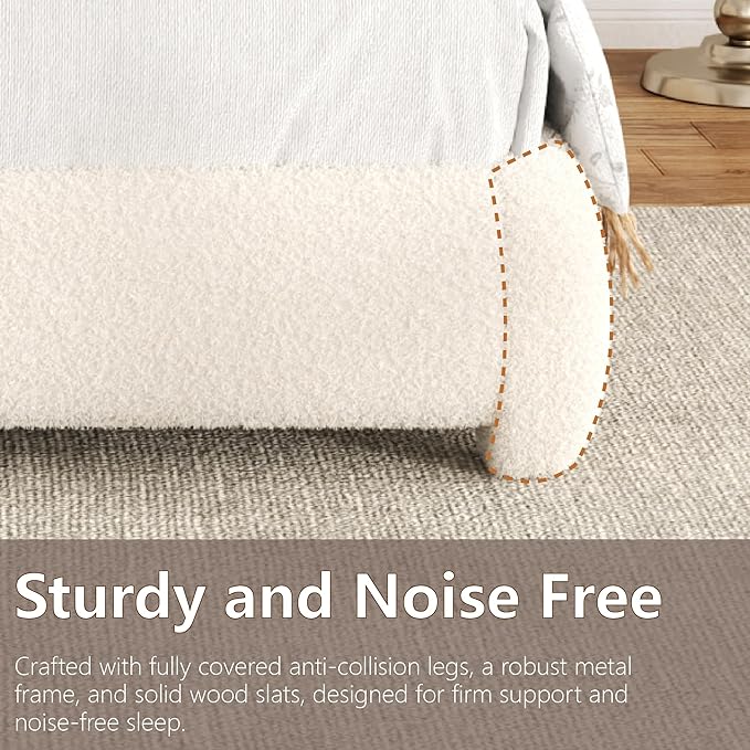 King Size Bed Frame with Headboard Adjustable, Boucle Upholstered Platform King Bed Frame, Anti-Collision Soft Rounded Corners, No Box Spring Needed, Noise-Free, Easy Assembly, Beige